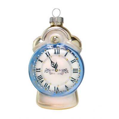 Елочное украшение из стекла Будильник голубой