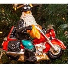 Елочное украшение из стекла Санта на байке