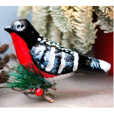 Елочное украшение из стекла Снегирь на прищепке